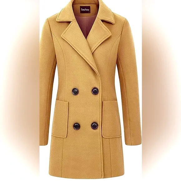 Chouyatou Women Elegant Notched Collar Double Breasted Wool Blend Over Coat Women Chouyatou - Chouyatou Women Elegant Notched Collar Double